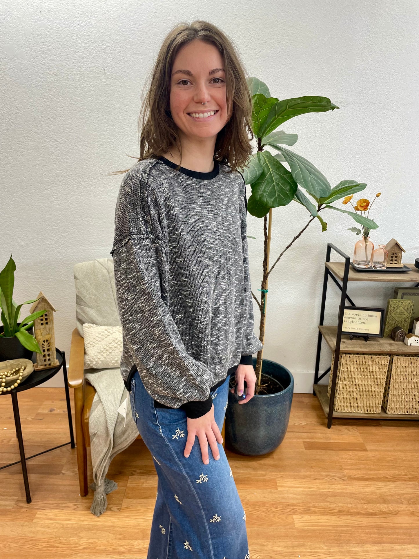 Black Marled Pullover Top