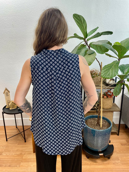 Navy Woven Notch Neck Sleeveless Top