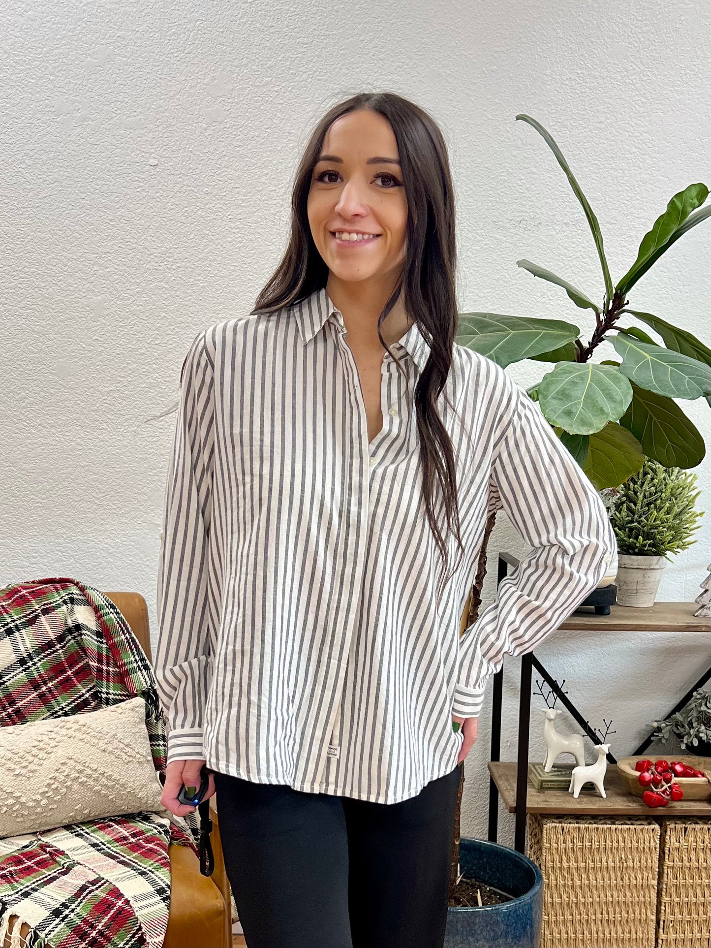 Black Rolled Sleeve Striped Shirt