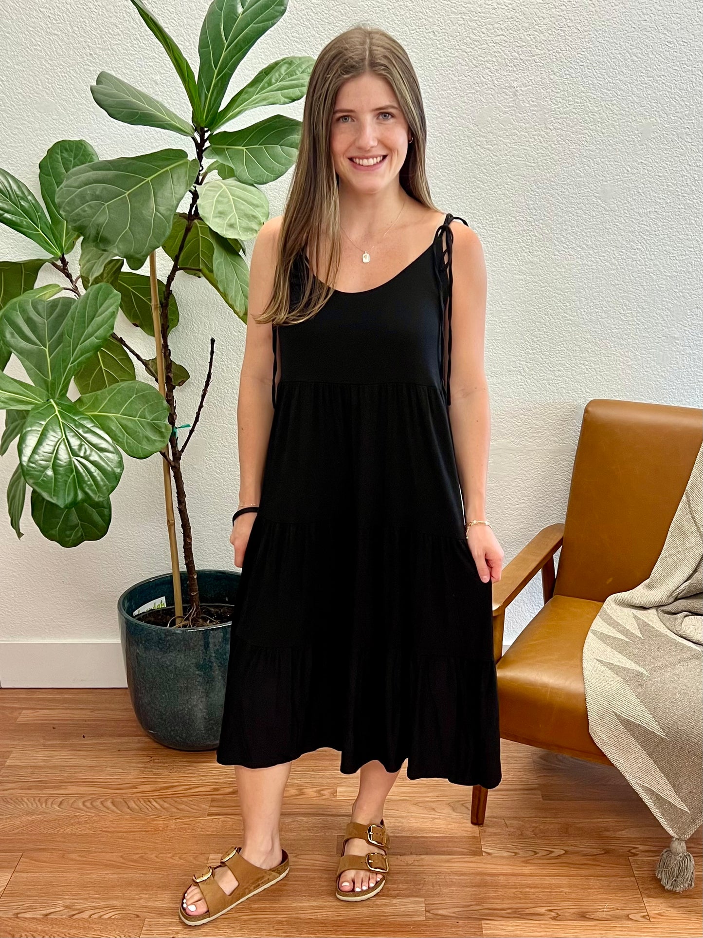 Black Tiered Solid Midi Dress