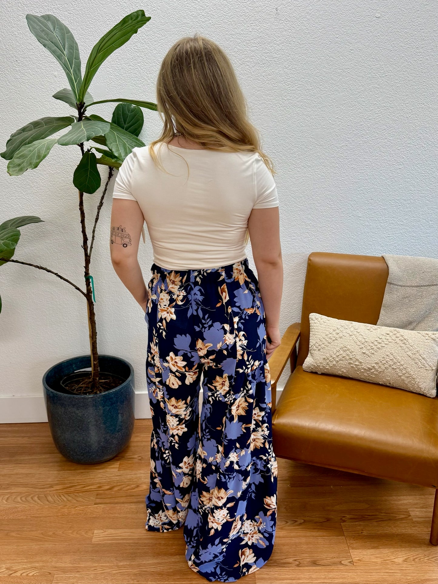 Navy Floral Wide Leg Pants