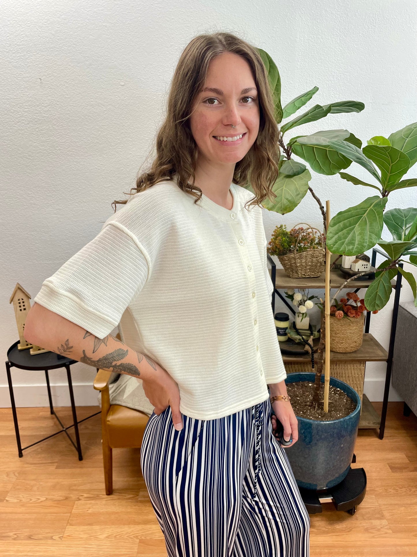 Cream Textured Knit Short Sleeve Cardigan