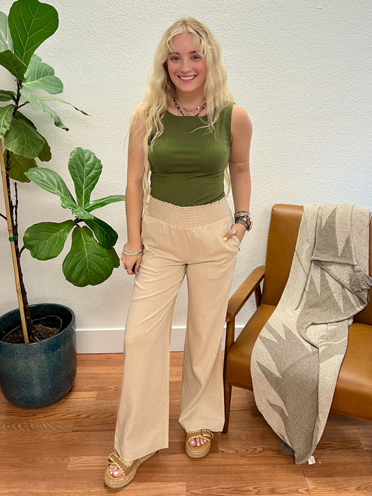 Khaki Smocked Linen Pants