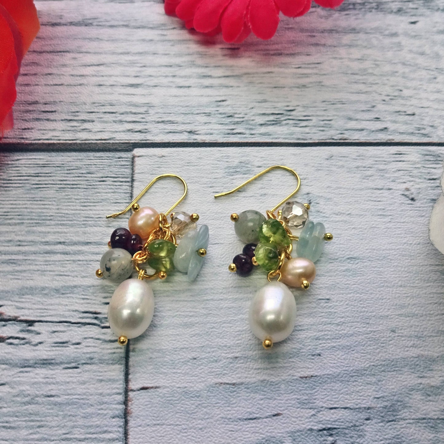 Mix Stone Cluster Pearl Drop Earring