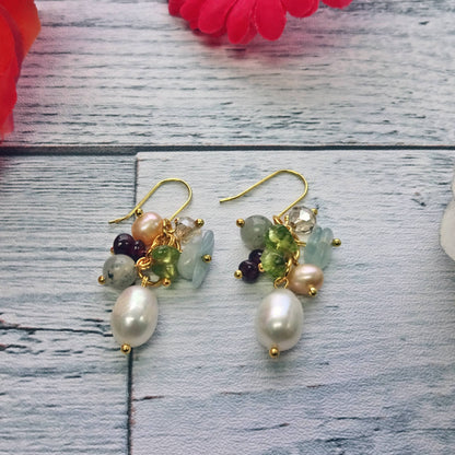 Mix Stone Cluster Pearl Drop Earring
