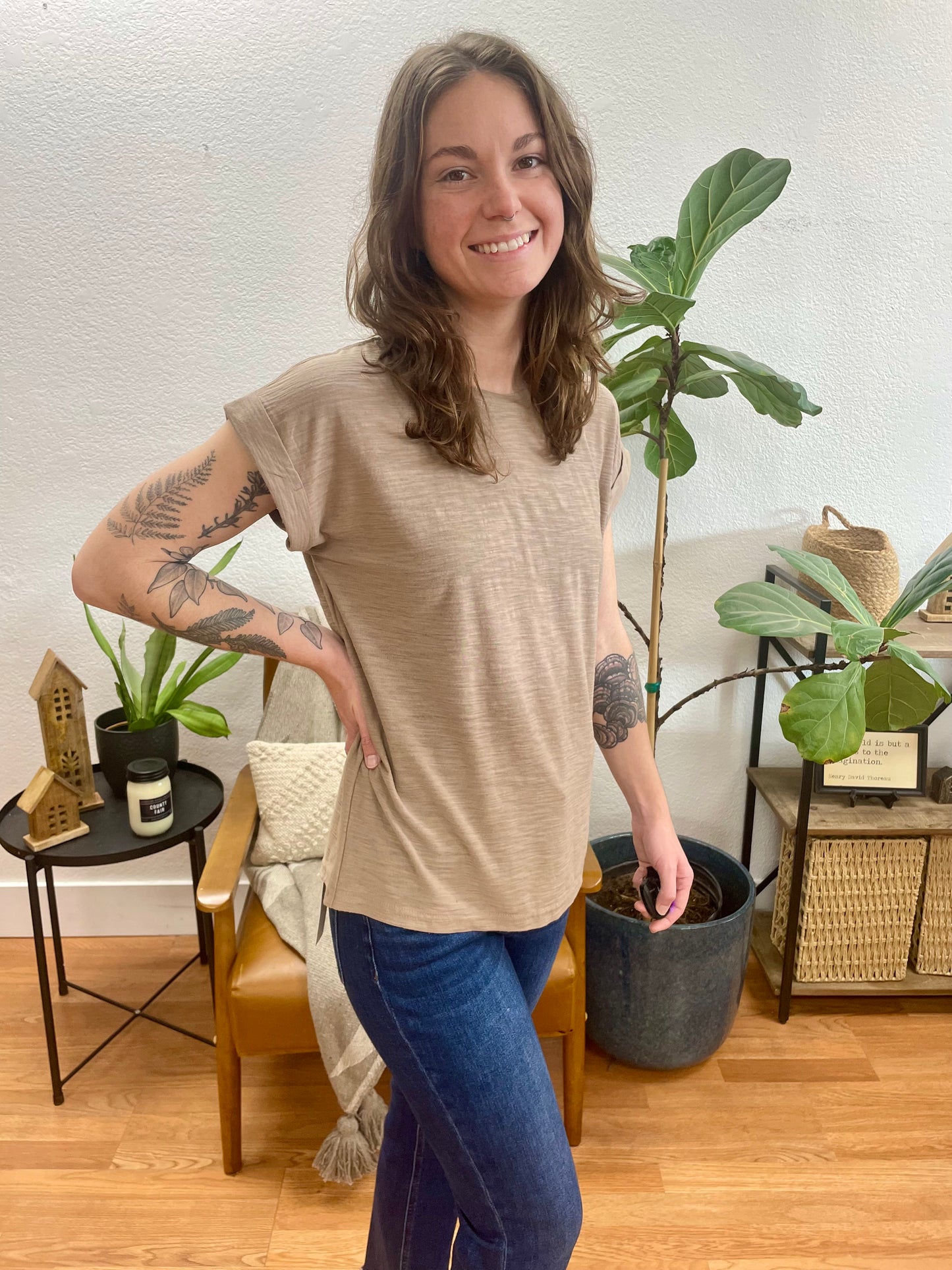 Mocha Rolled Sleeve Slub Tee - Terra Cottage