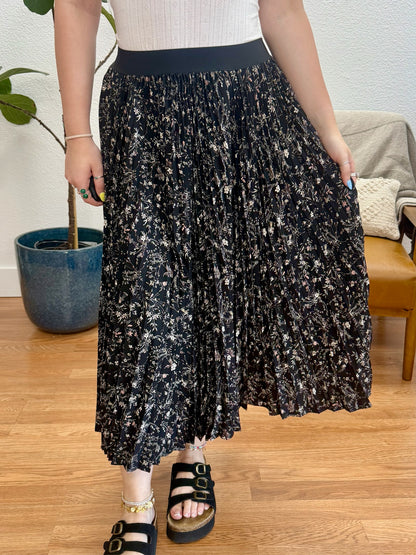 Black Floral Crepe Midi Skirt