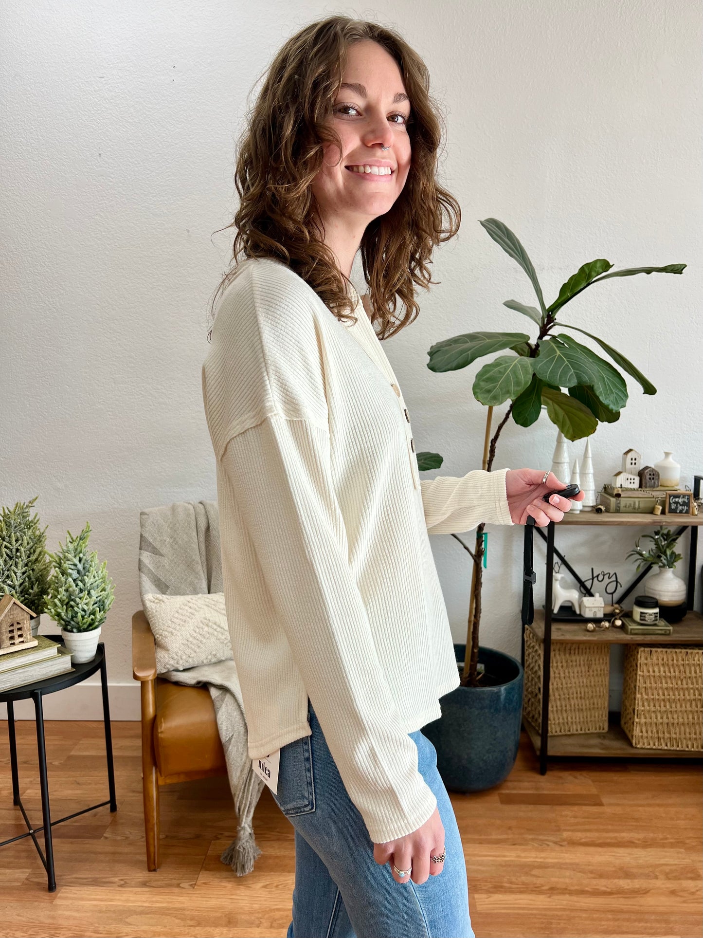 Cream Half Button V Neck Knit Top