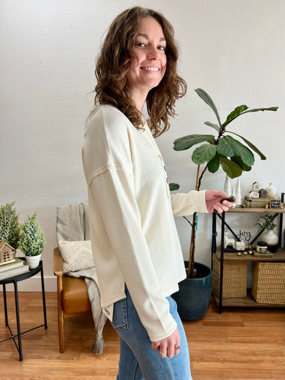 Cream Half Button V Neck Knit Top