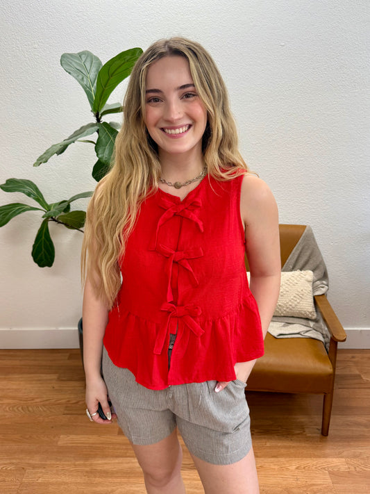 Red Bow Tie Linen Tank