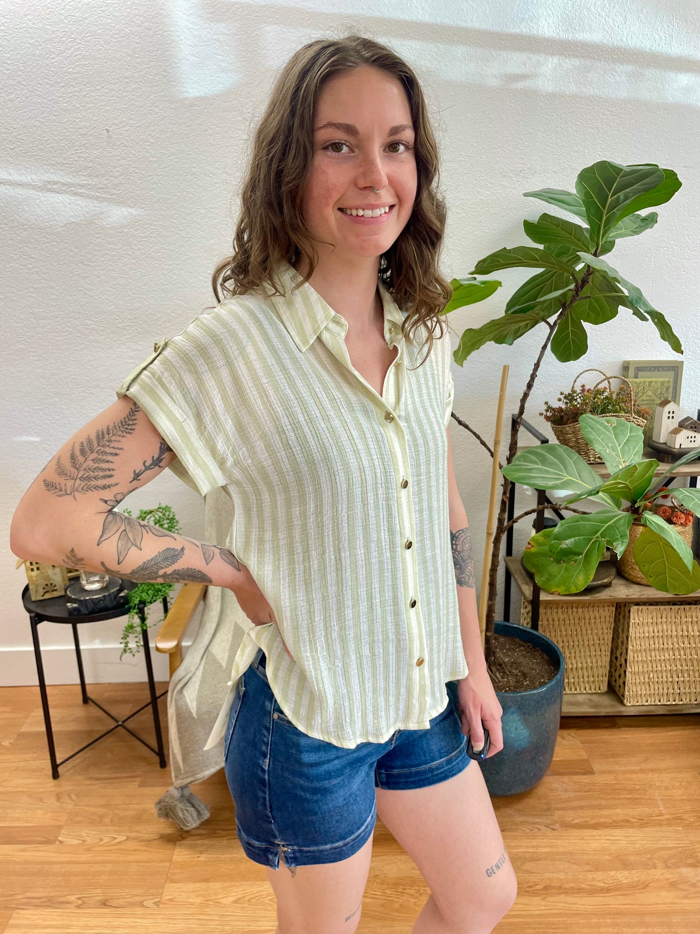 Olive Striped Lightweight Button Down