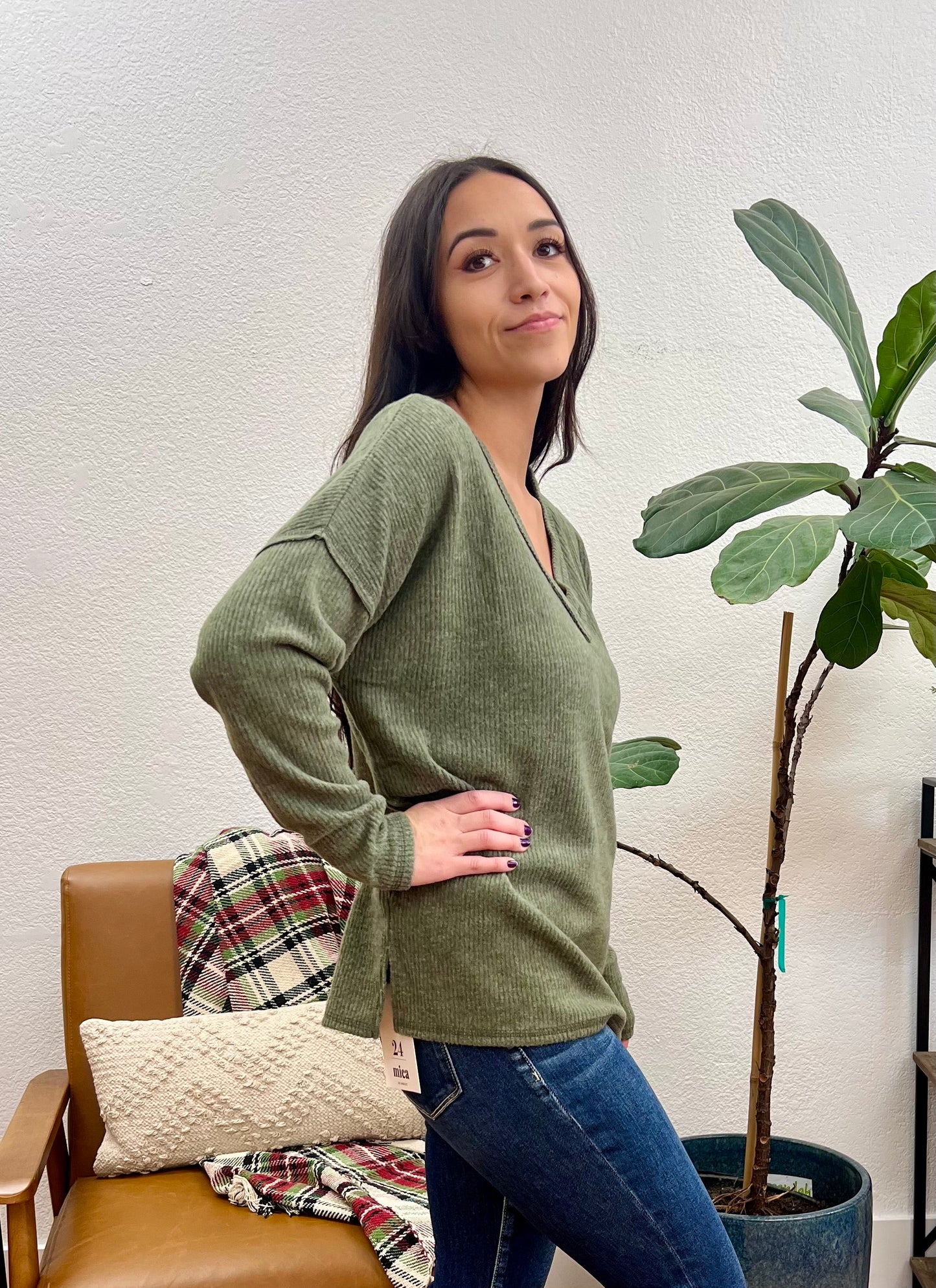 Olive V Neck Drop Shoulder Top