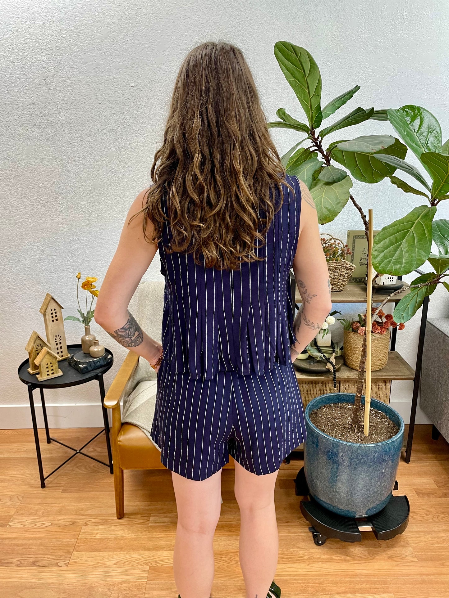 Navy Linen Striped Shorts