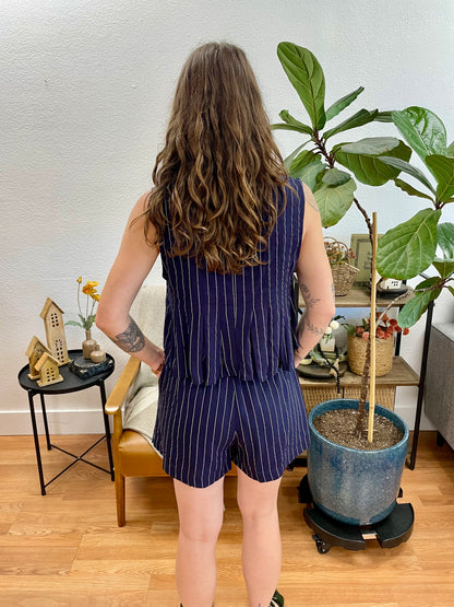 Navy Linen Striped Shorts