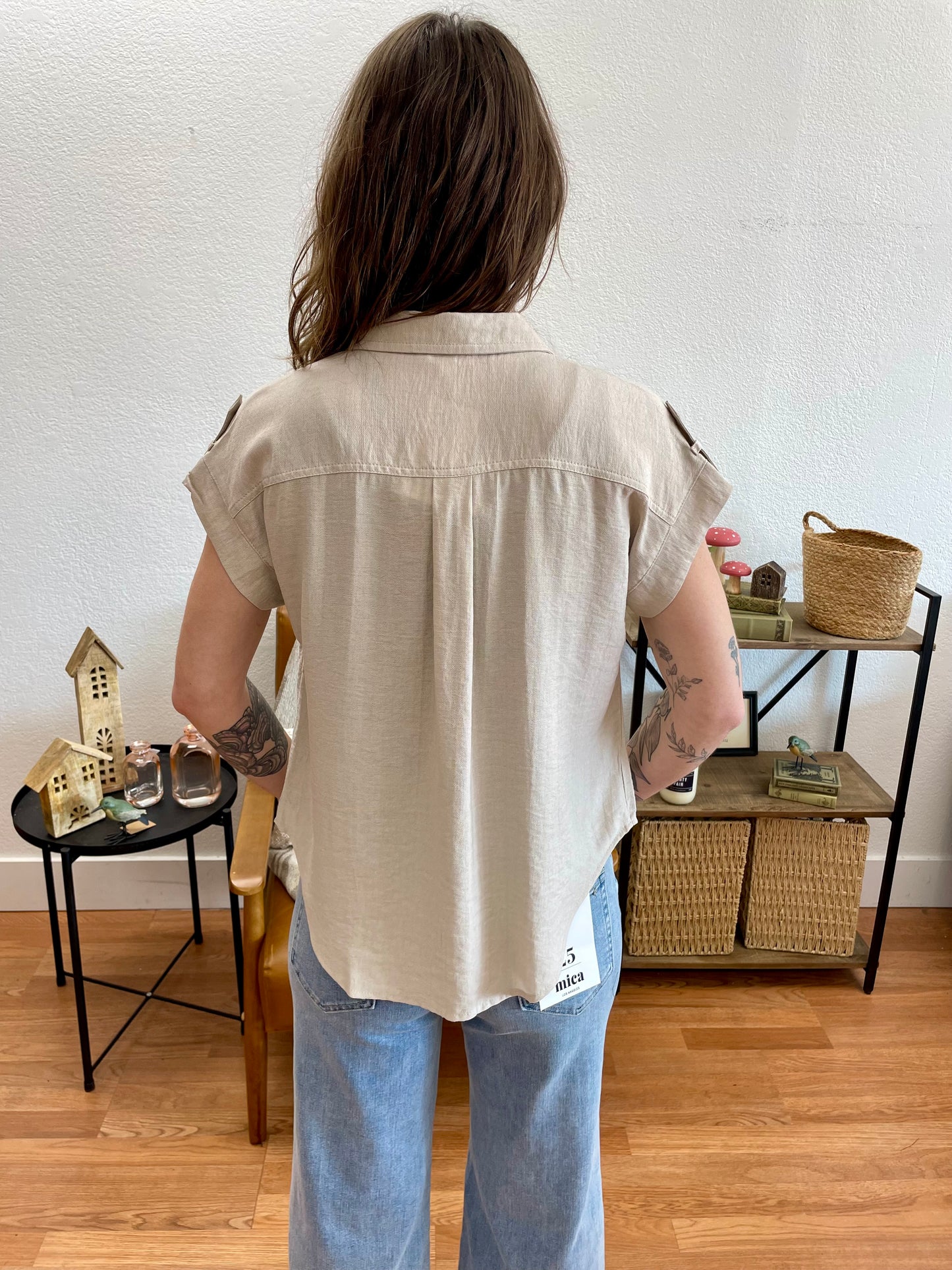 Beige Collared Tab Sleeve Top