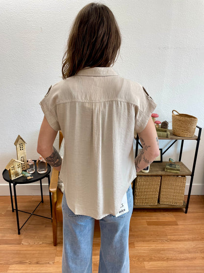Beige Collared Tab Sleeve Top