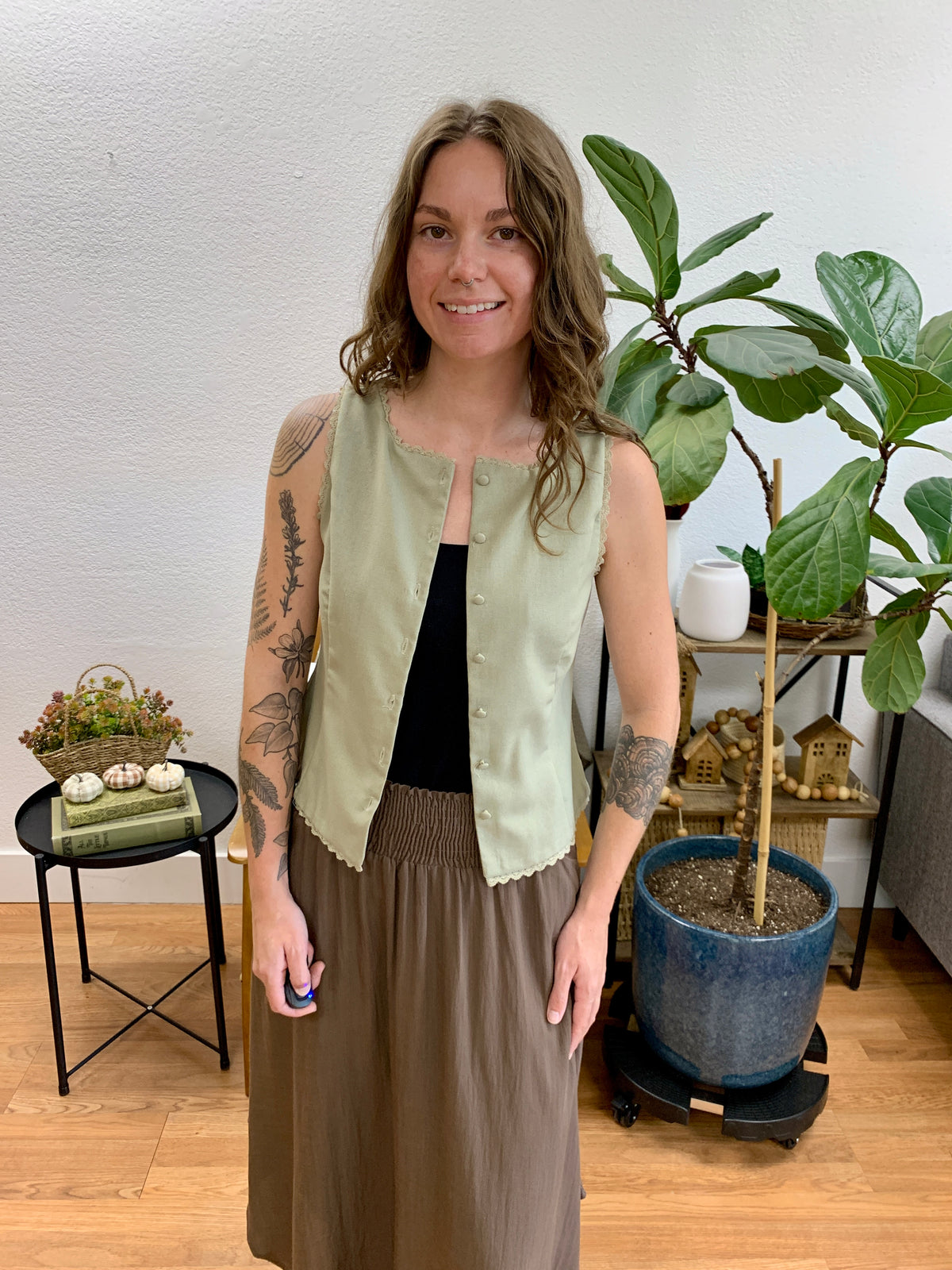 Olive Lace Trim Vest Top