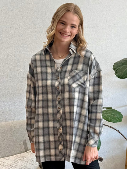 Ivory Grey Plaid Button Up Top