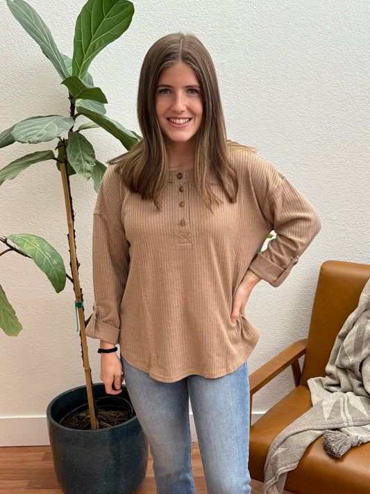 Khaki 3/4 Sleeve Henley Knit Top