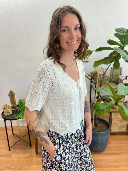 White Tie Front Knit Top