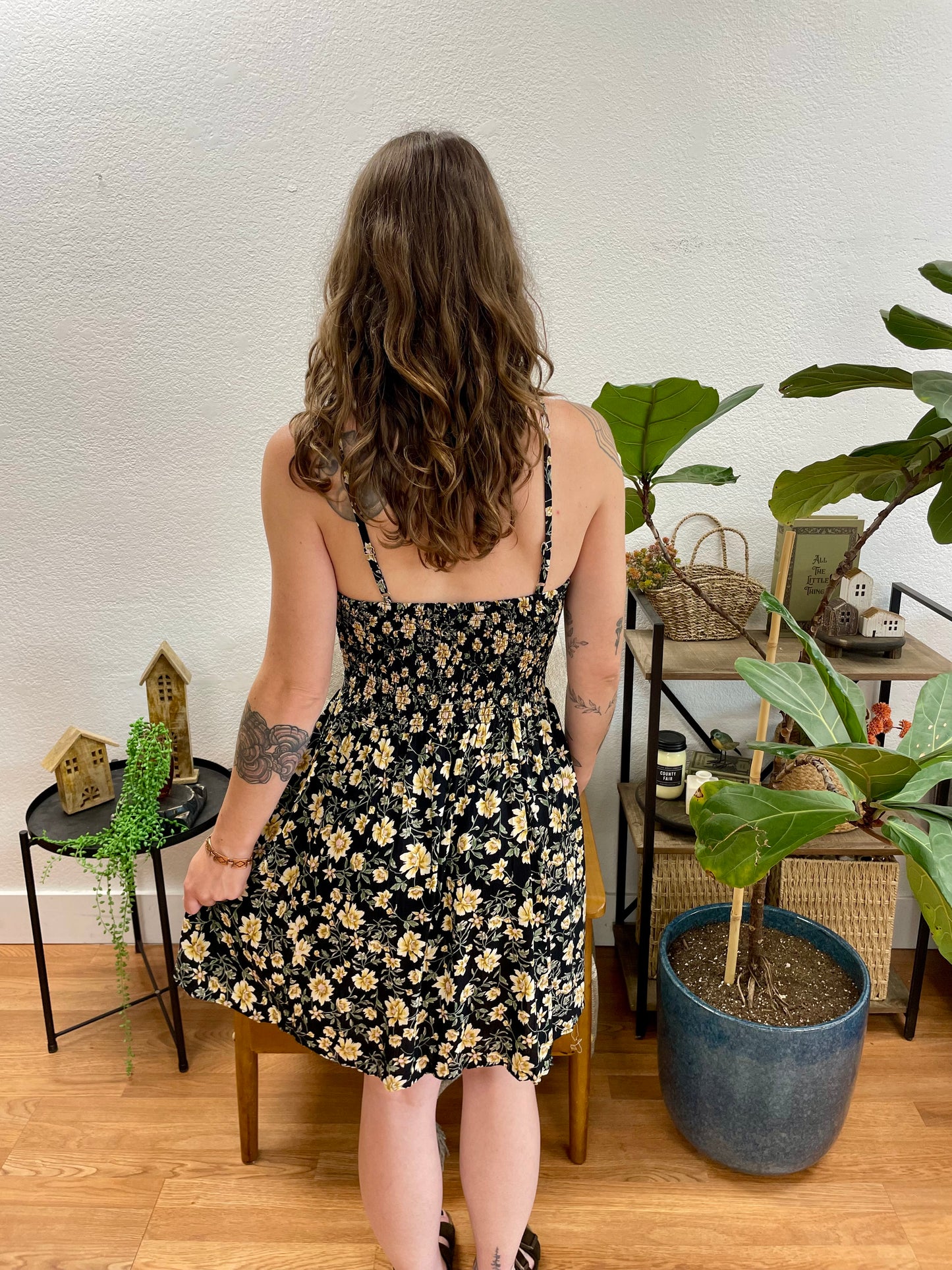 Black Floral Smocked Sundress