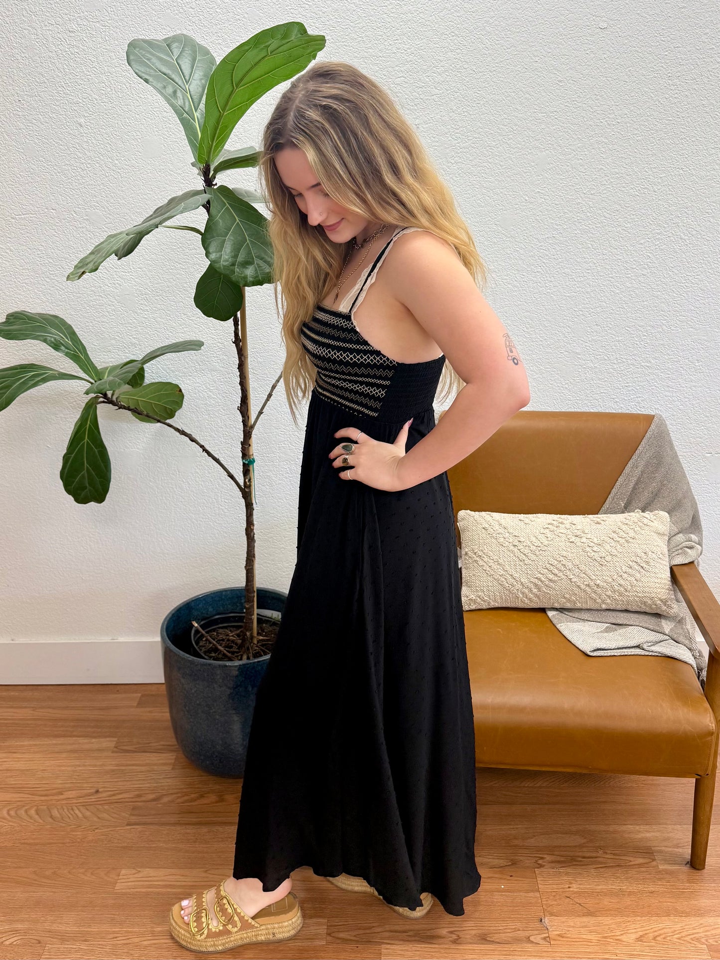 Black Embroidered Dot Maxi Dress