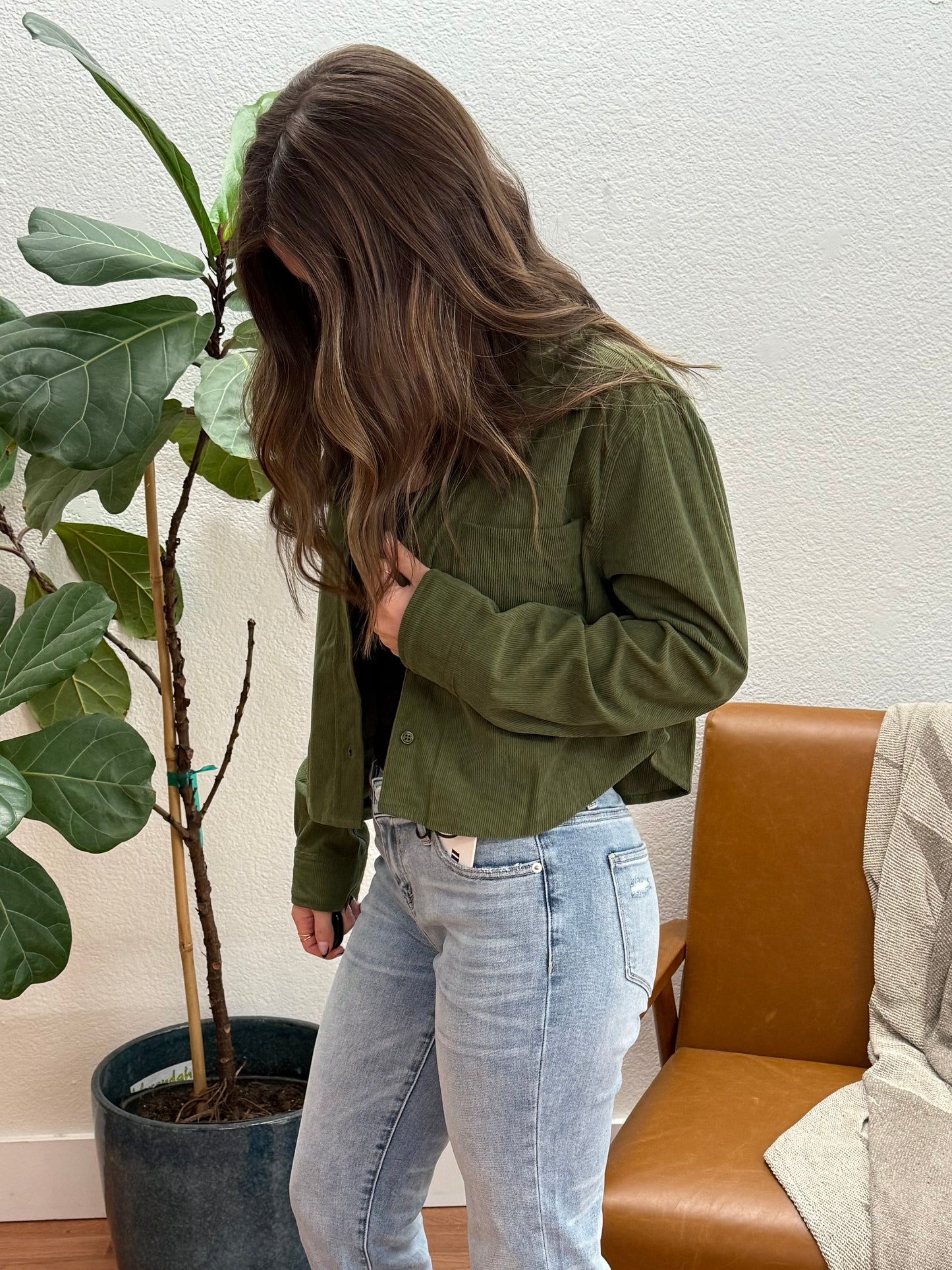 Olive Lightweight Crop Button Down