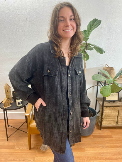 Black Washed Button Up Oversized Shirt - Terra Cottage