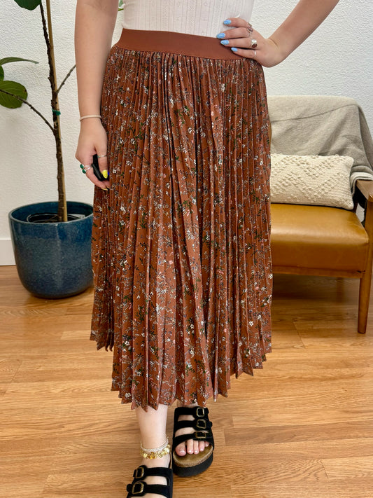 Coffee Floral Crepe Midi Skirt