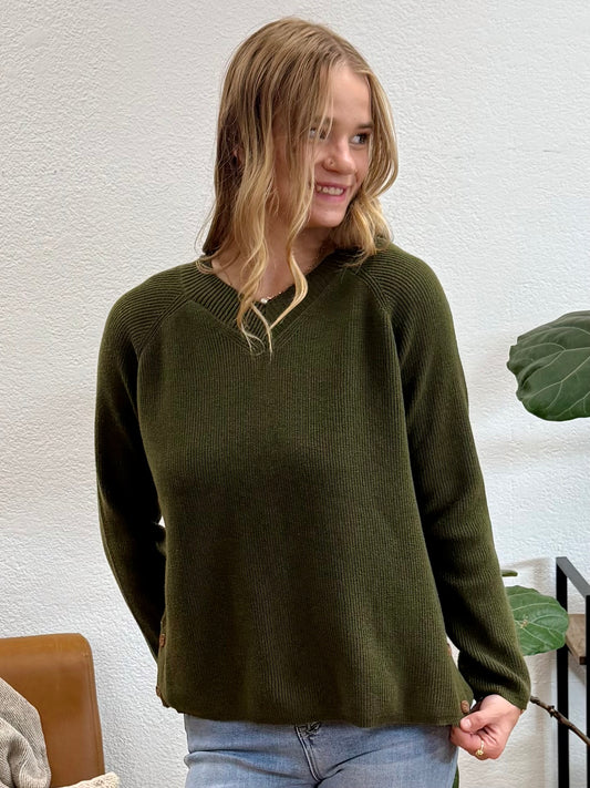 Olive V-Neck Side Button Sweater
