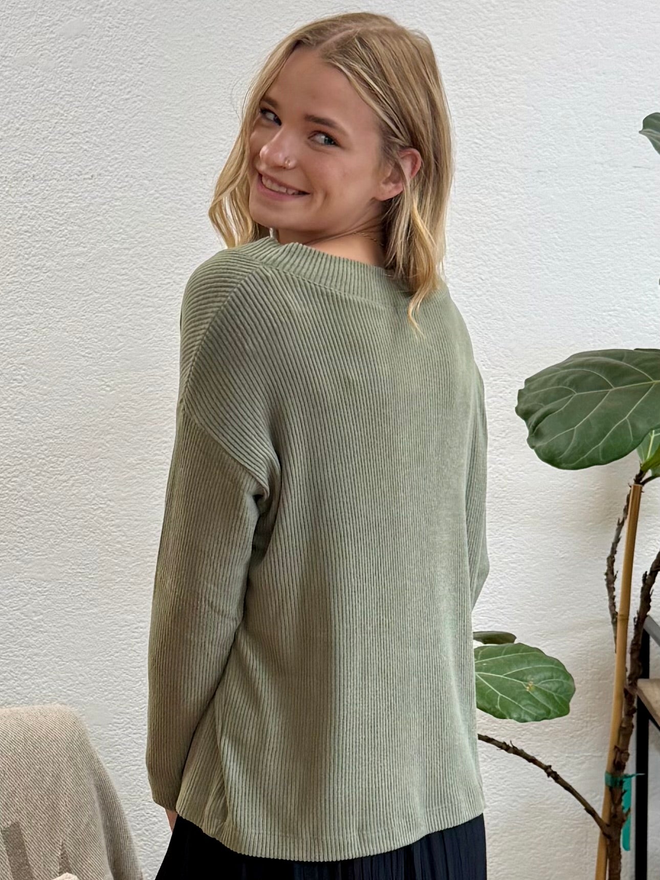 Olive V Neck Long Sleeve