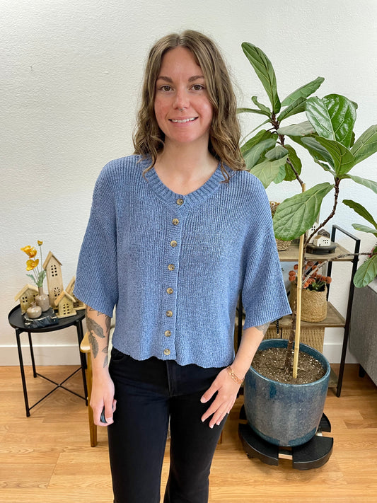 Blue Boxy Button Up Cardigan