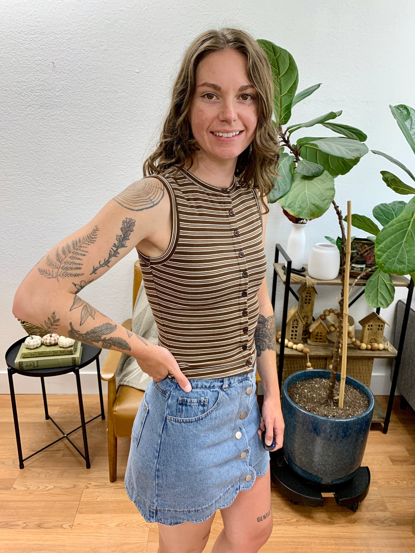 Brown Striped Crew Neck Tank