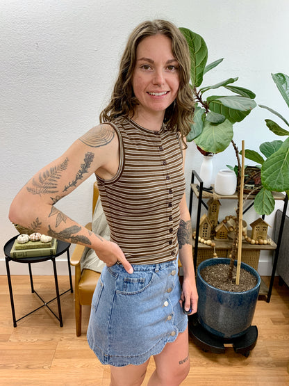 Brown Striped Crew Neck Tank