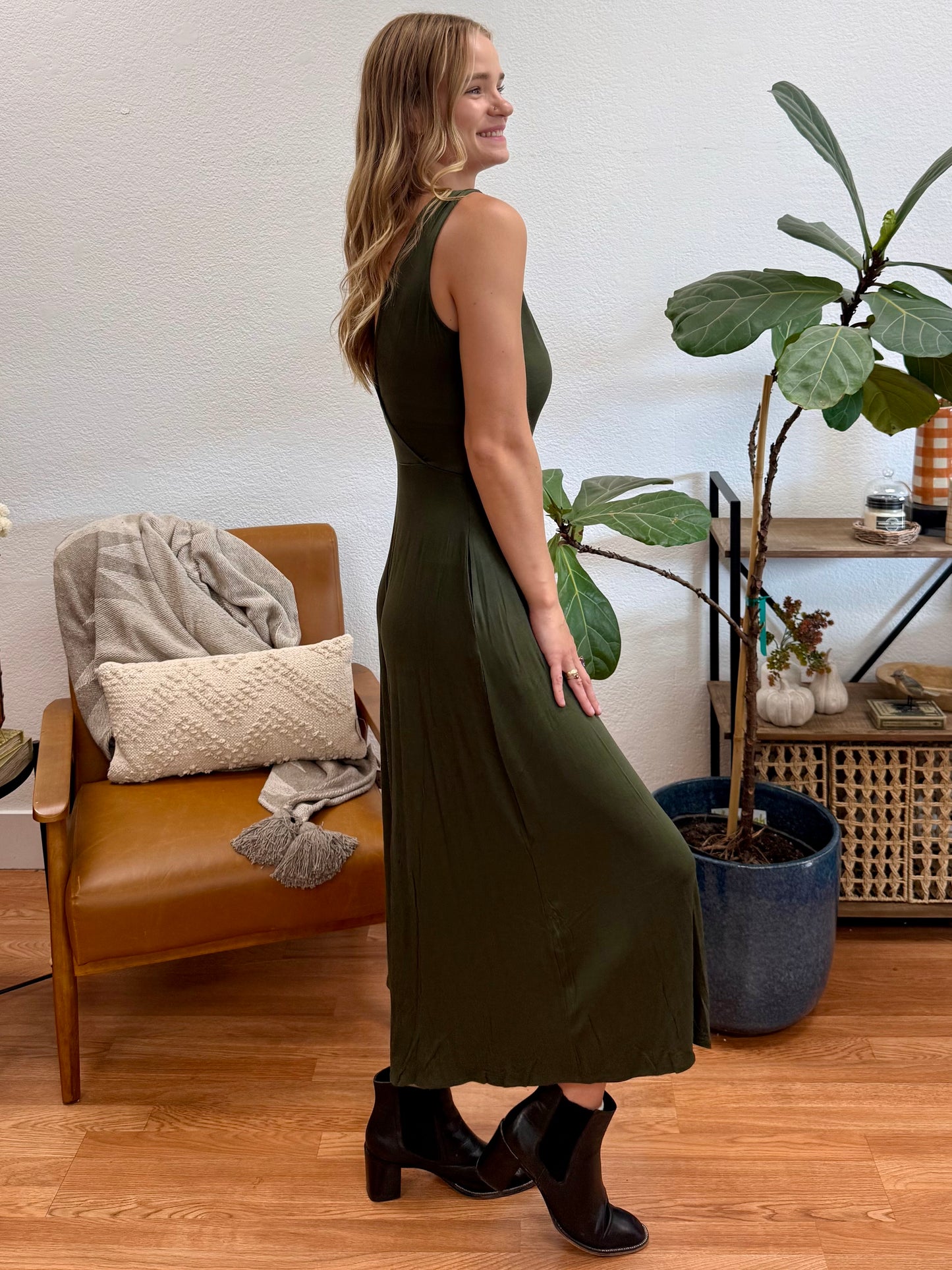 Dark Olive Surplice Neckline Sleeveless Jumpsuit