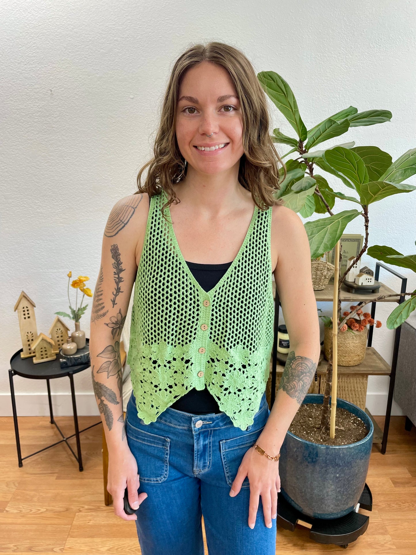 Sage Crochet Floral Vest