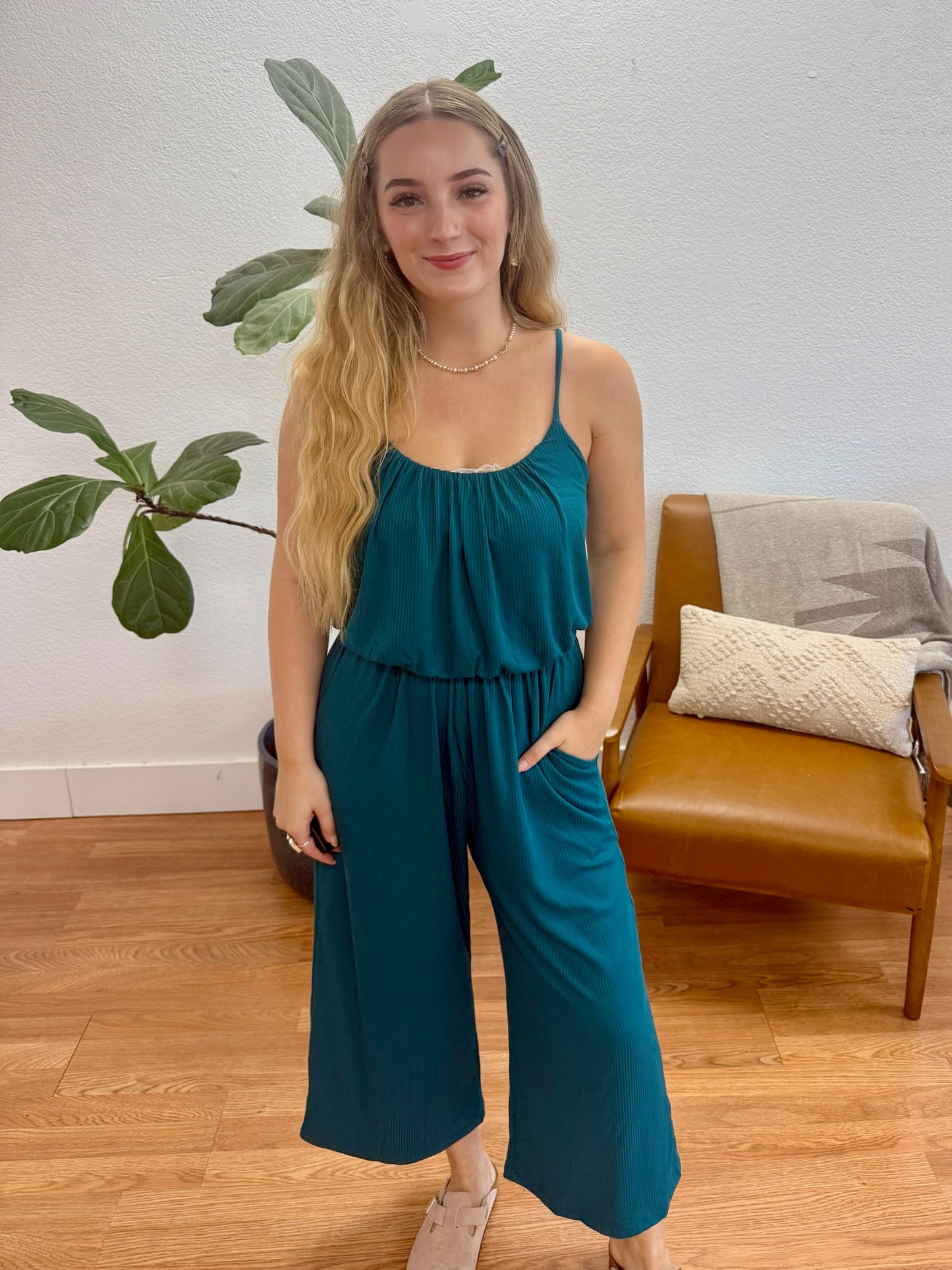 Teal Cropped Jumpsuit