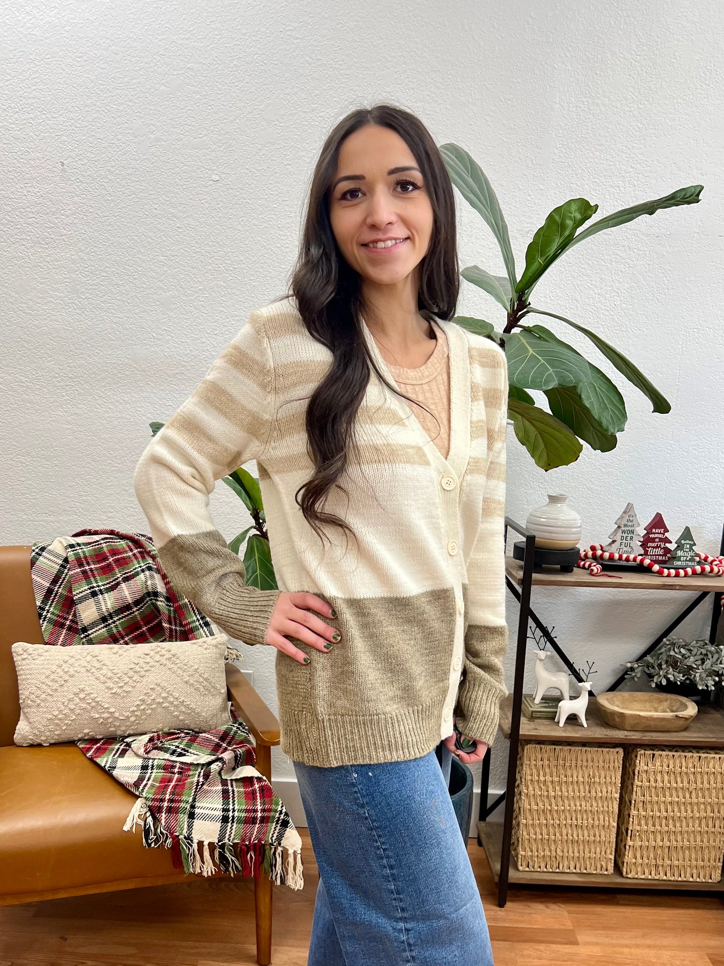 Taupe Stripe Button Cardigan