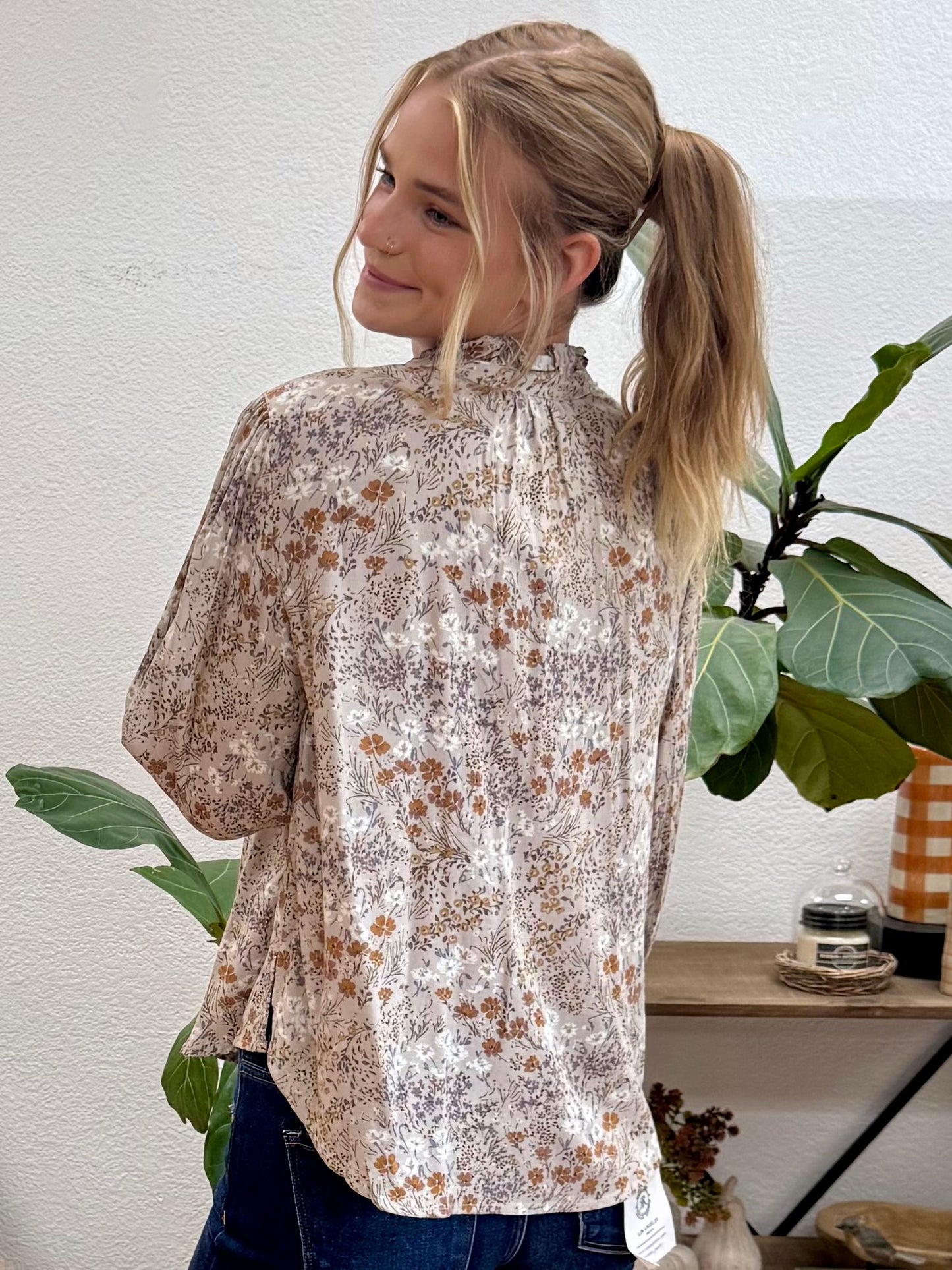 Taupe Grey Floral Print Blouse