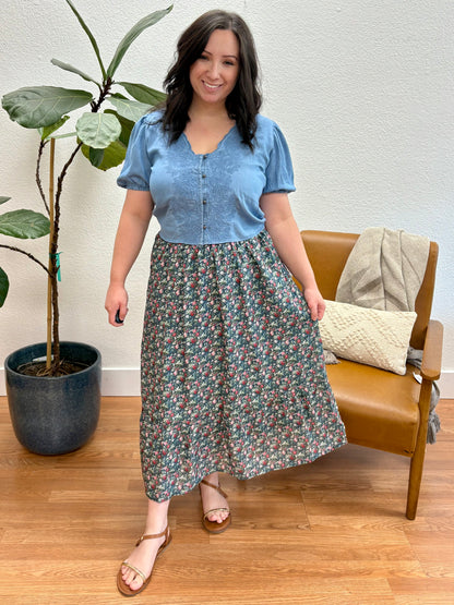 Navy Floral Smock Tiered Skirt