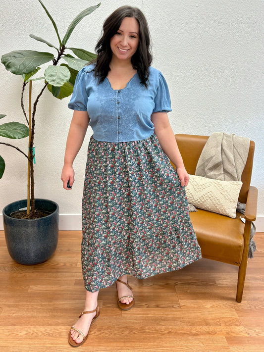Navy Floral Smock Tiered Skirt