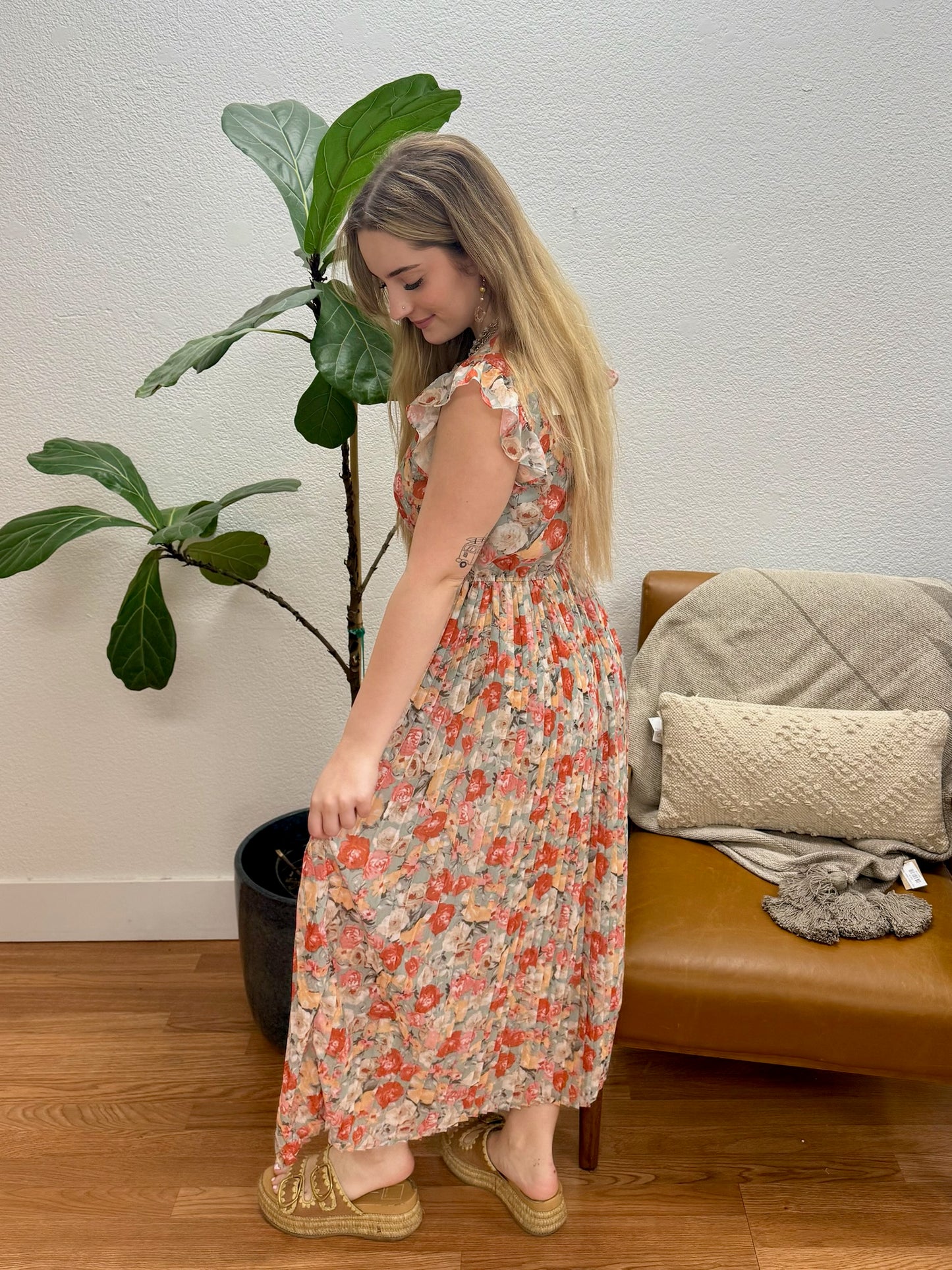 Mint Floral Pleated Tank Dress