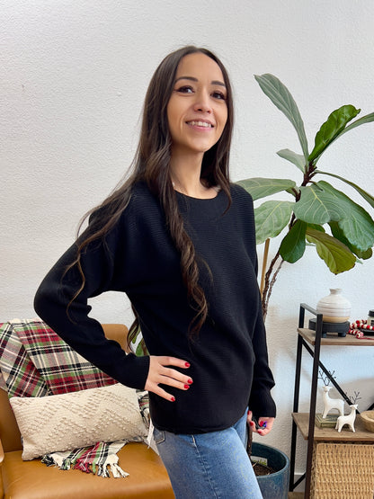 Black Ribbed Dolman Sweater