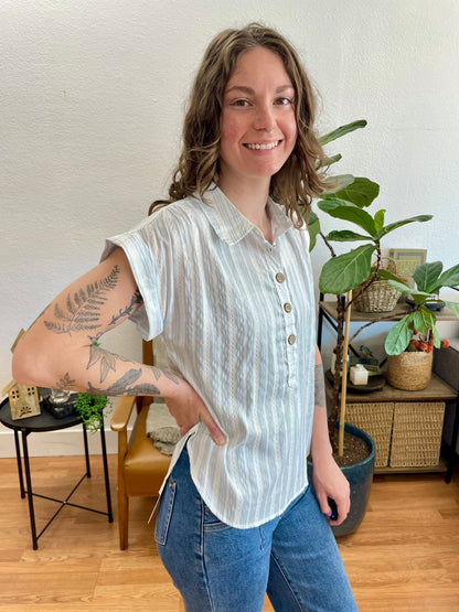 Sky Blue Striped half Button Collared top