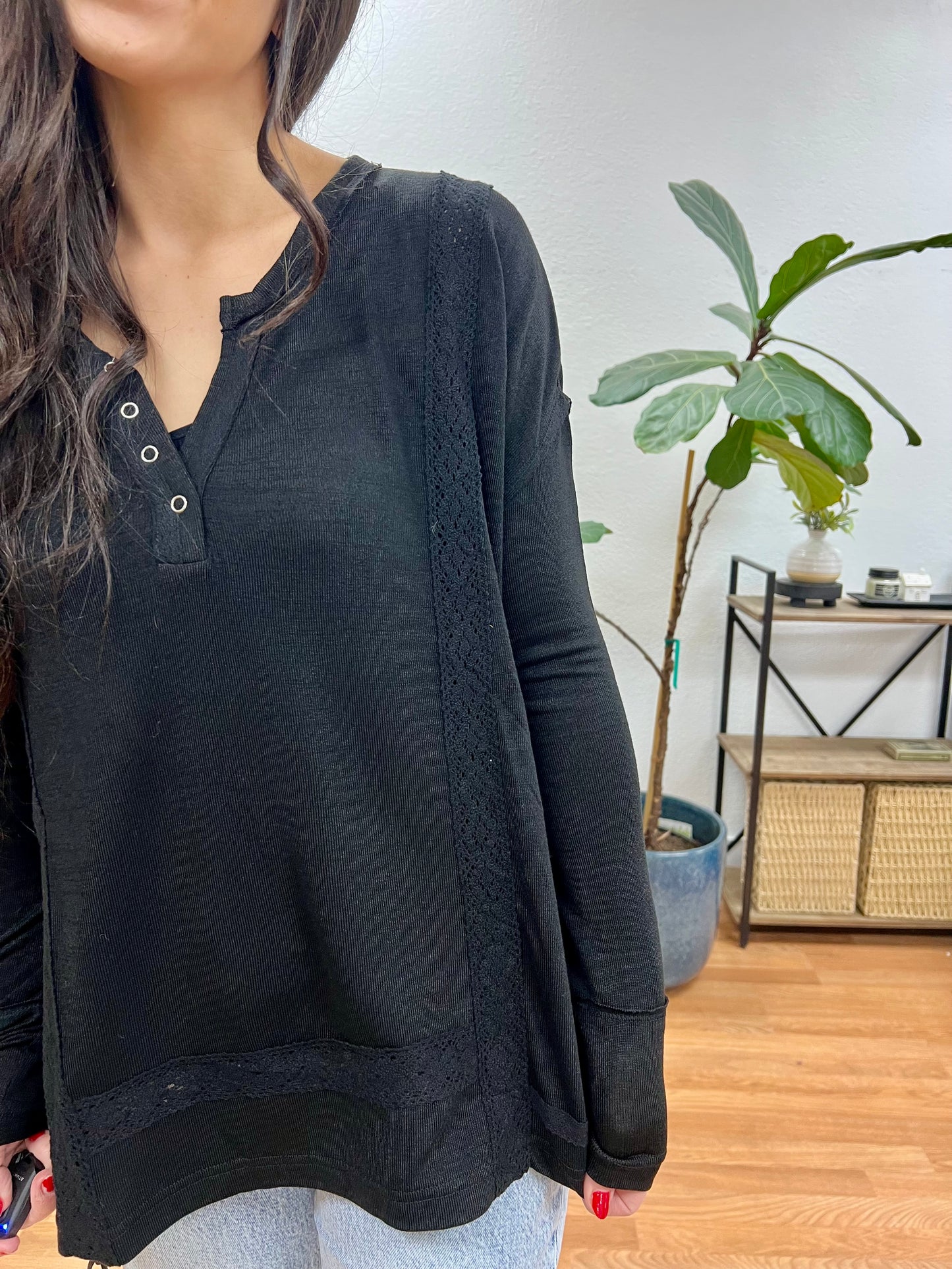 Black Brushed Lace + Knit Henley Top