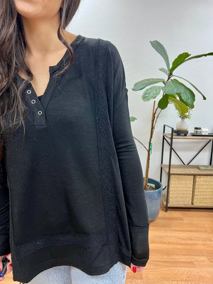Black Brushed Lace + Knit Henley Top