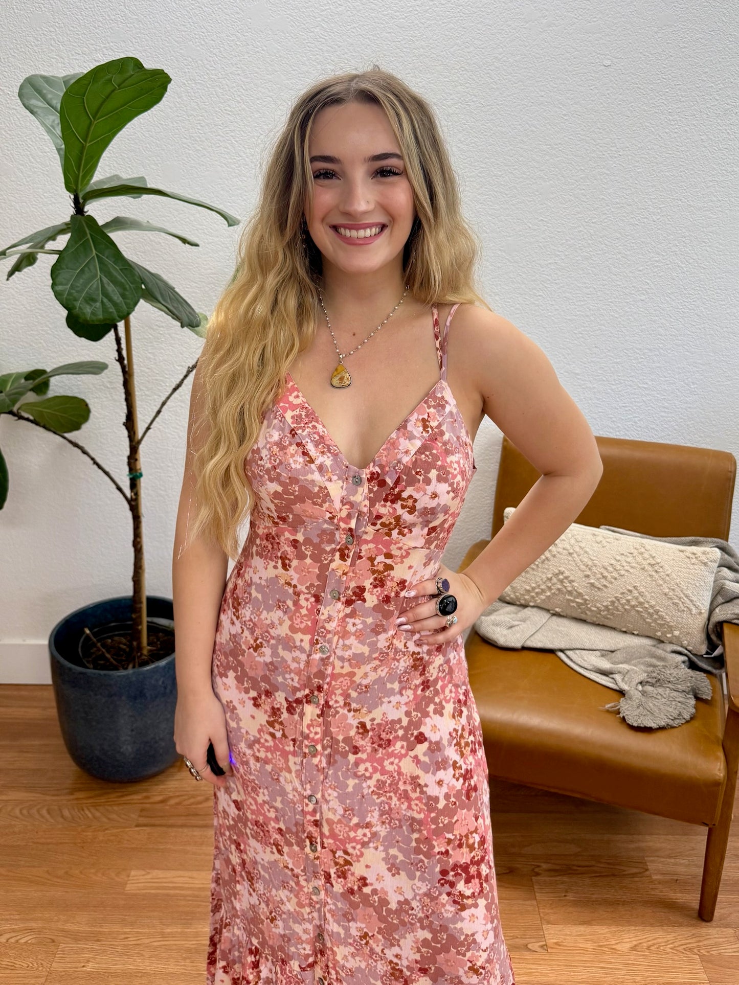 Mauve Lace Up Floral Maxi Dress
