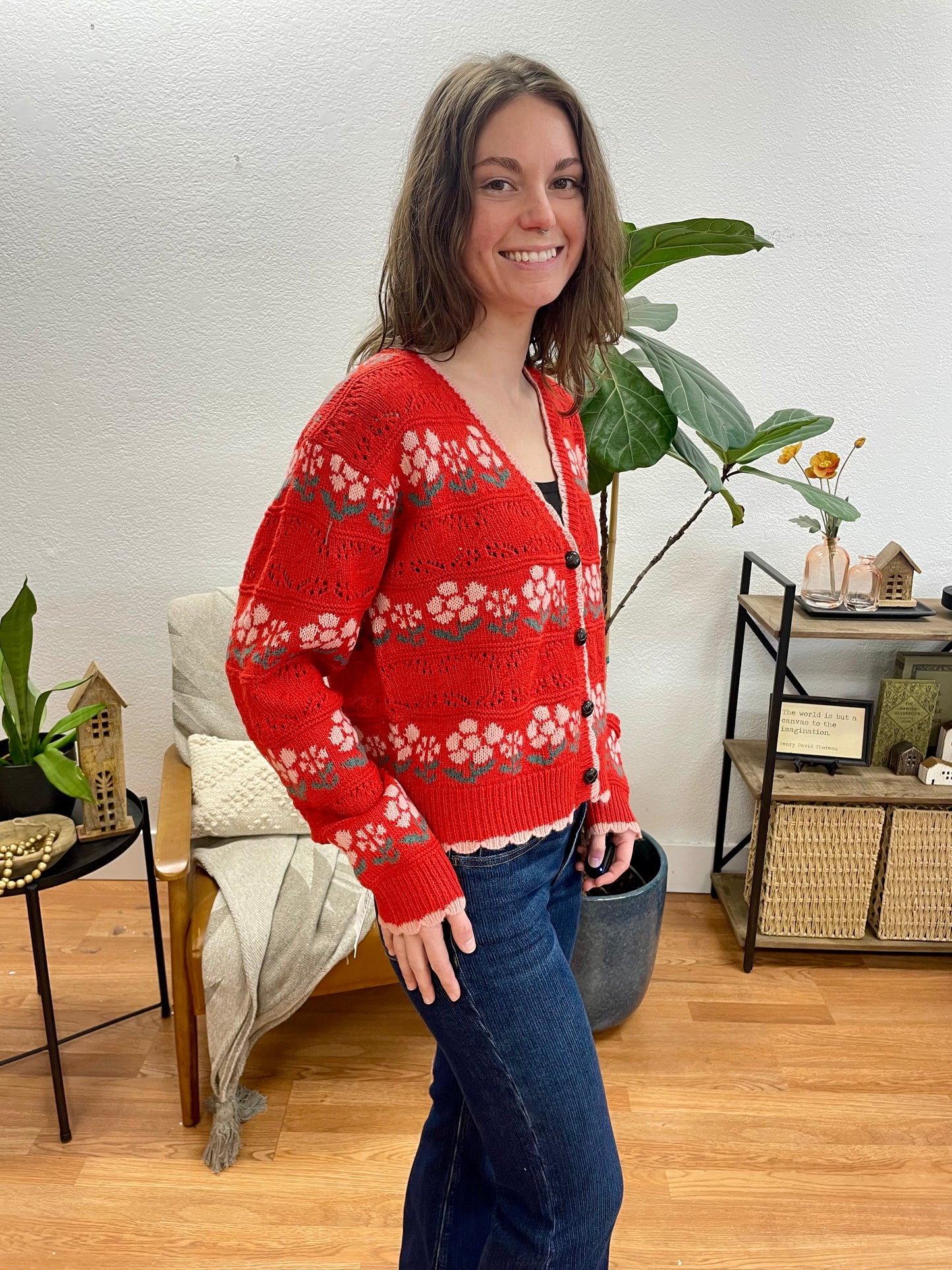 Red Floral Graphic Cardigan