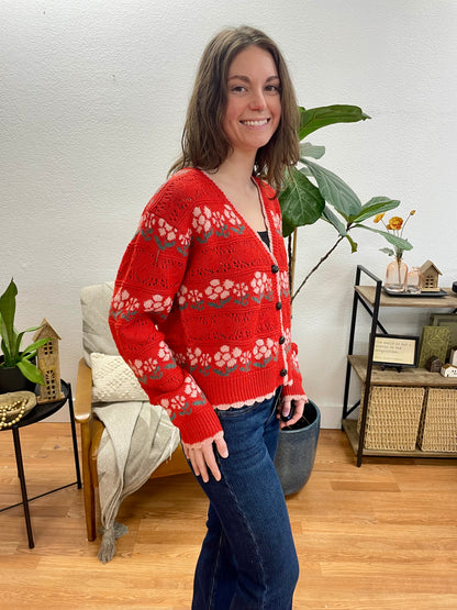 Red Floral Graphic Cardigan