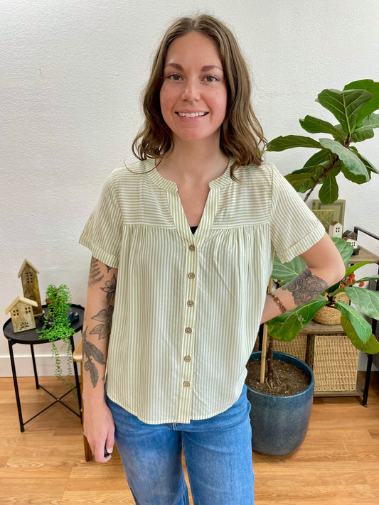 Olive Pintuck Striped Button Down